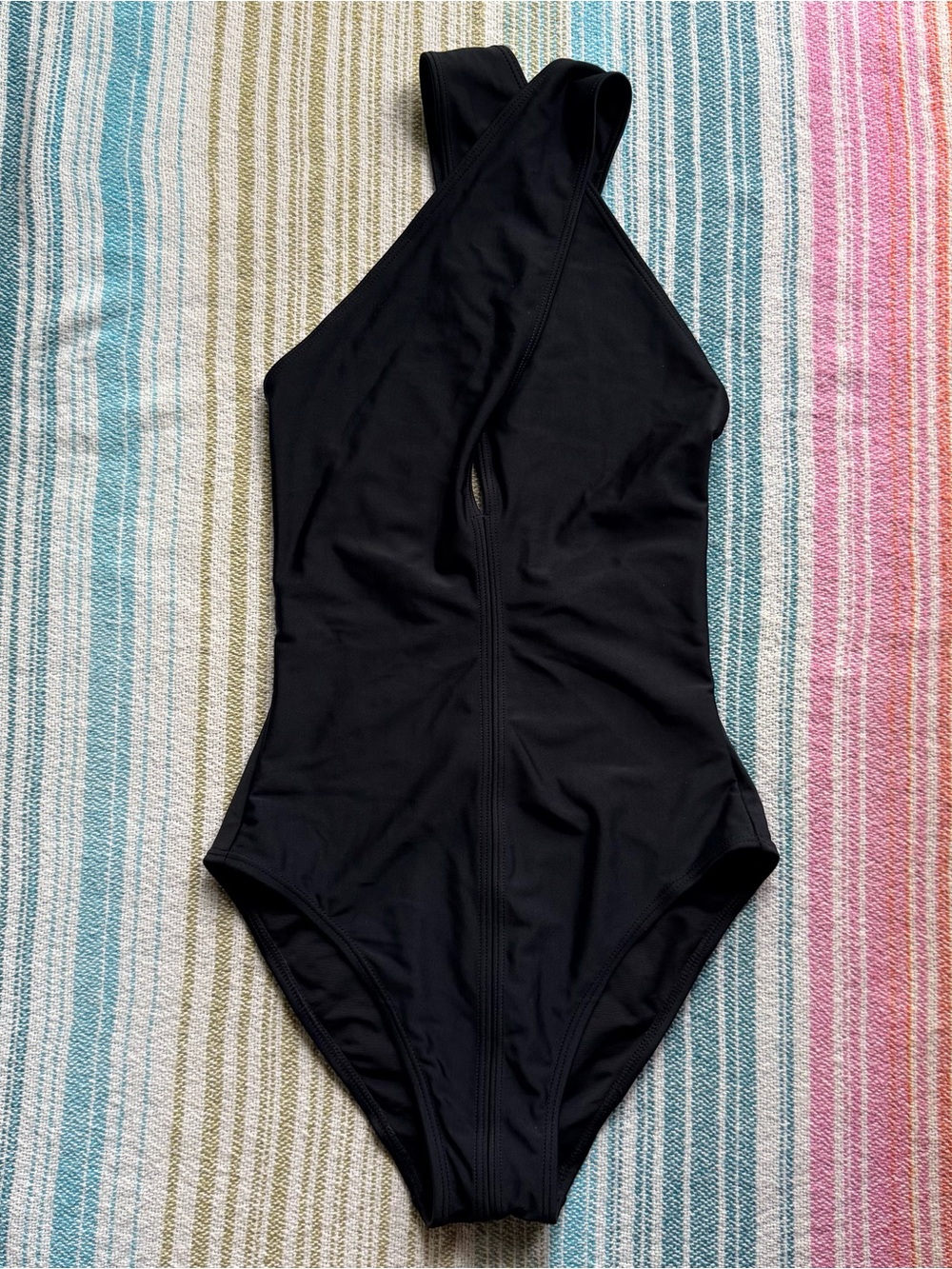 Sun Streak by Newport News Black One Piece Swimsuit Crisscross Halter Size 8Tall